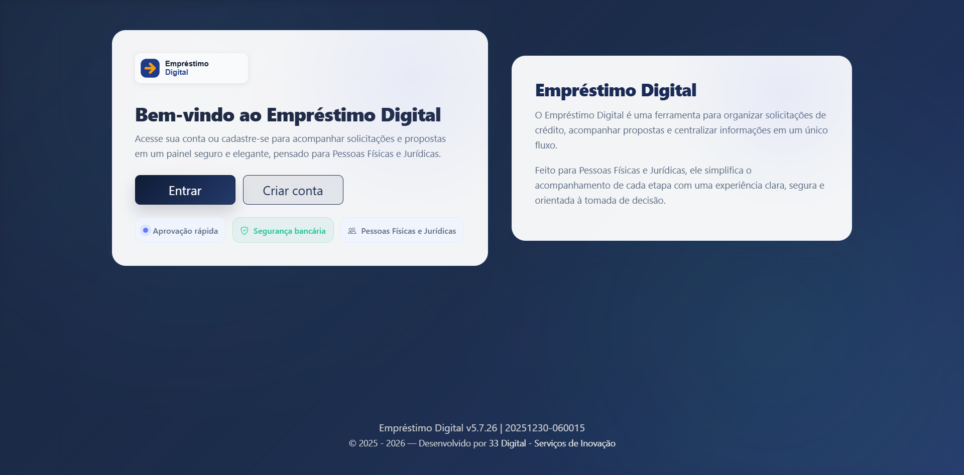 Digital Loan welcome screen with platform presentation