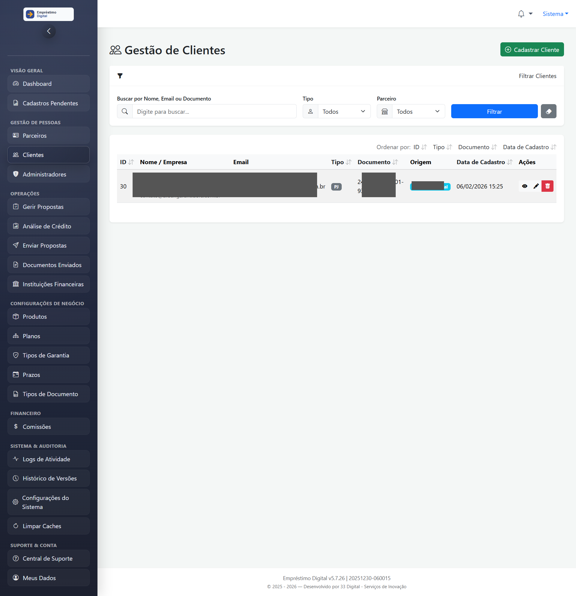 Digital Loan client management screen with history and operation status