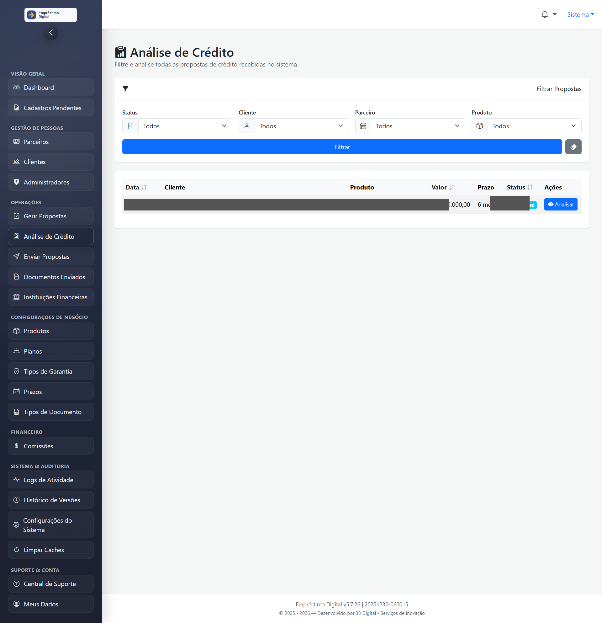 Digital Loan financial proposal analysis and tracking screen