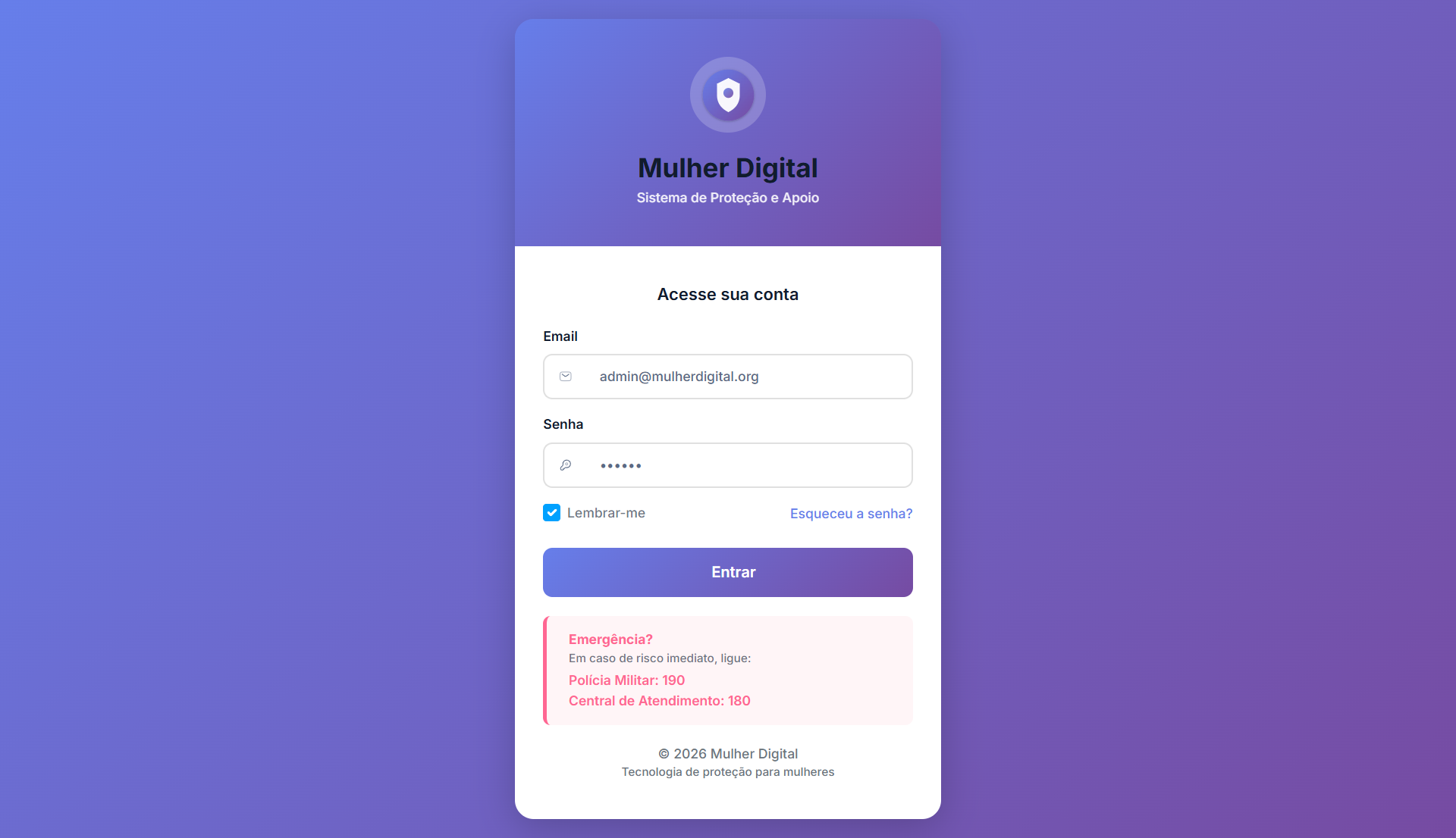 Mulher Digital login screen with secure and discreet access