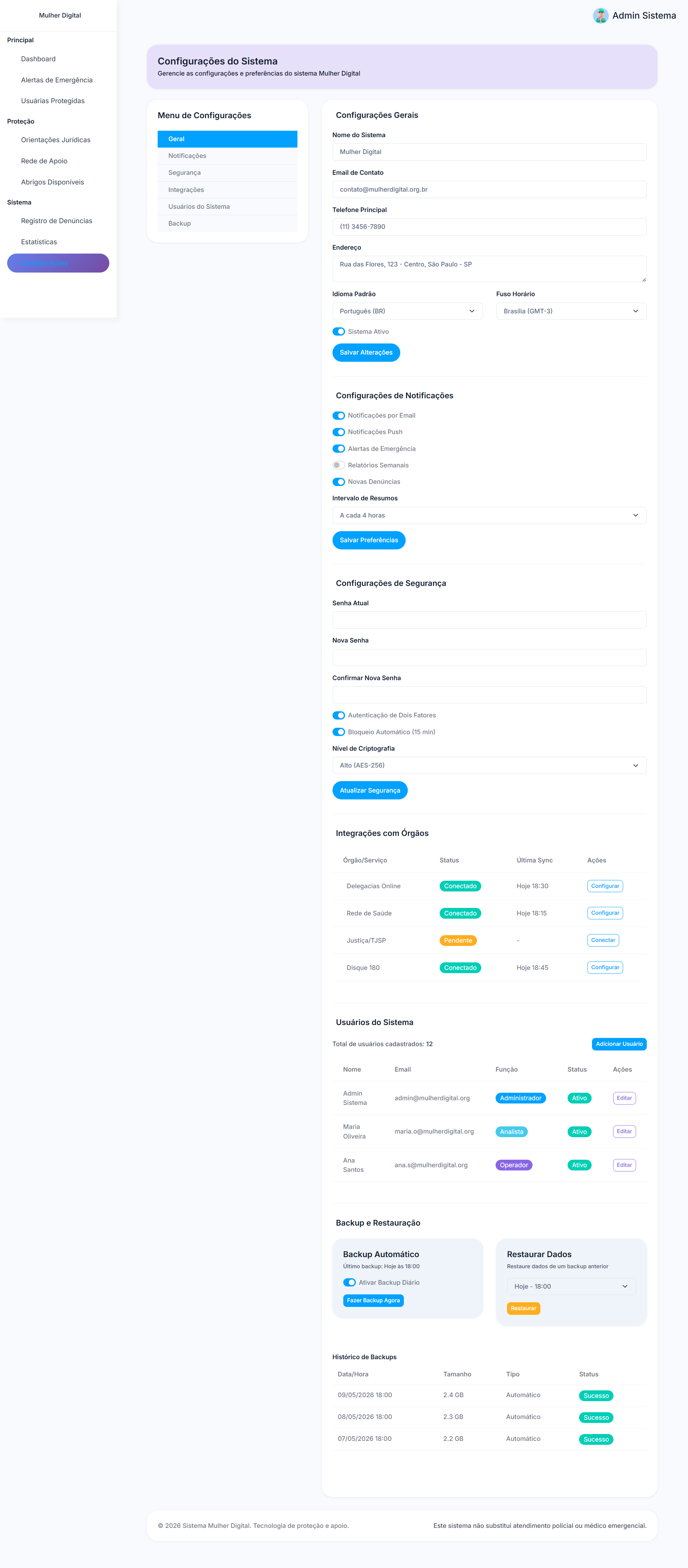 Mulher Digital settings and privacy controls screen